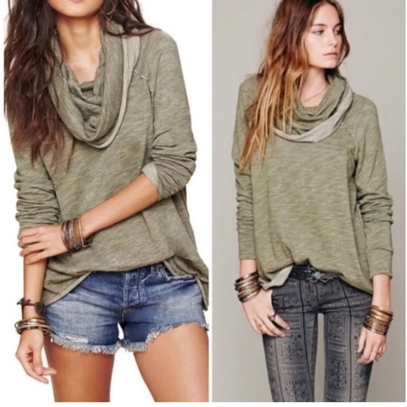 FREE PEOPLE FP Beach Cocoon Cowl Pullover Top Oversized Army Green Size M L - Picture 1 of 9